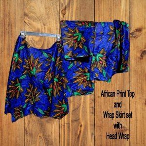 African Print Top and Wrap Skirt set with  Head Wrap
